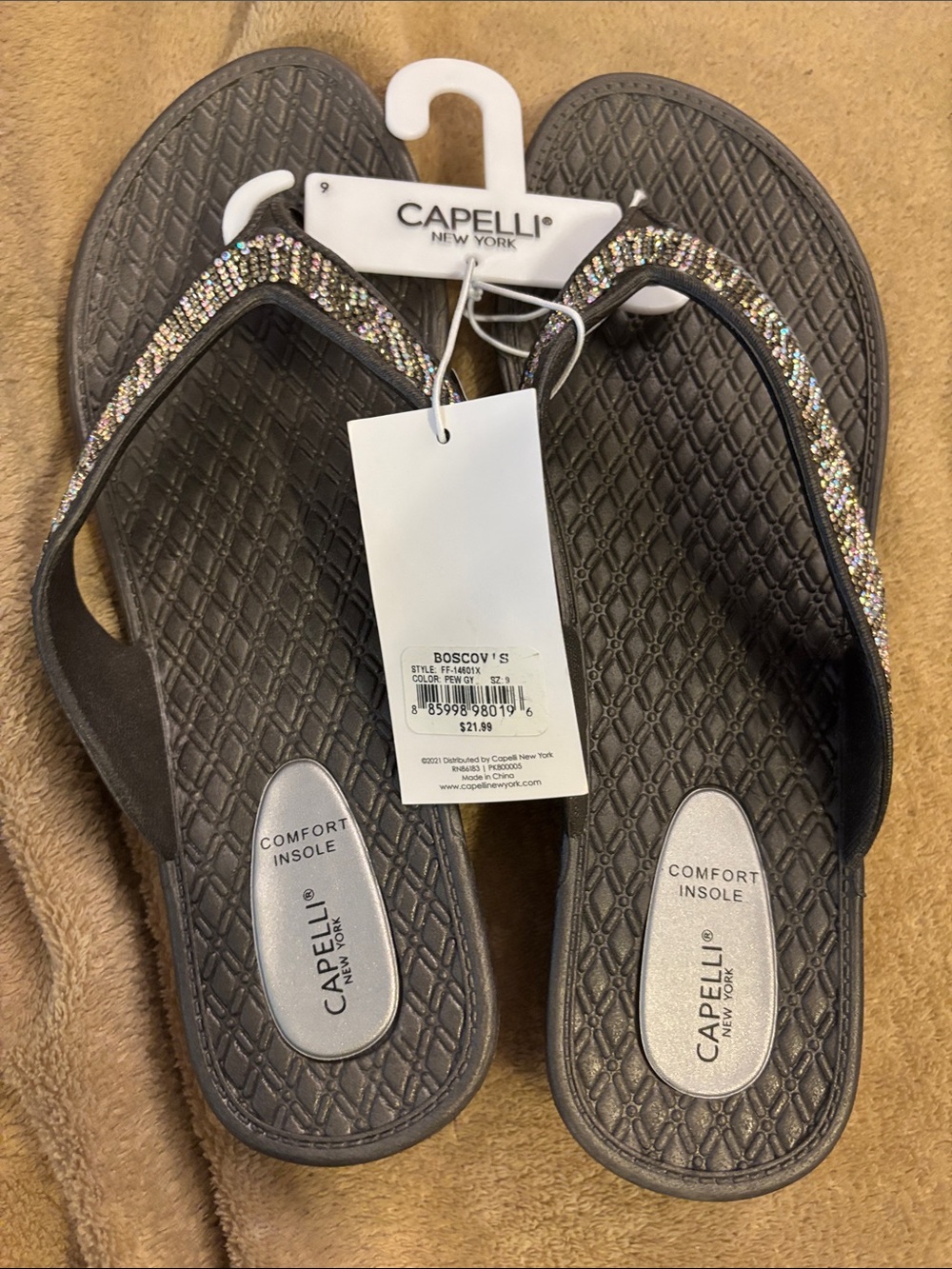 Capelli of New York Grey Flip Sandals with Rhinestone Straps